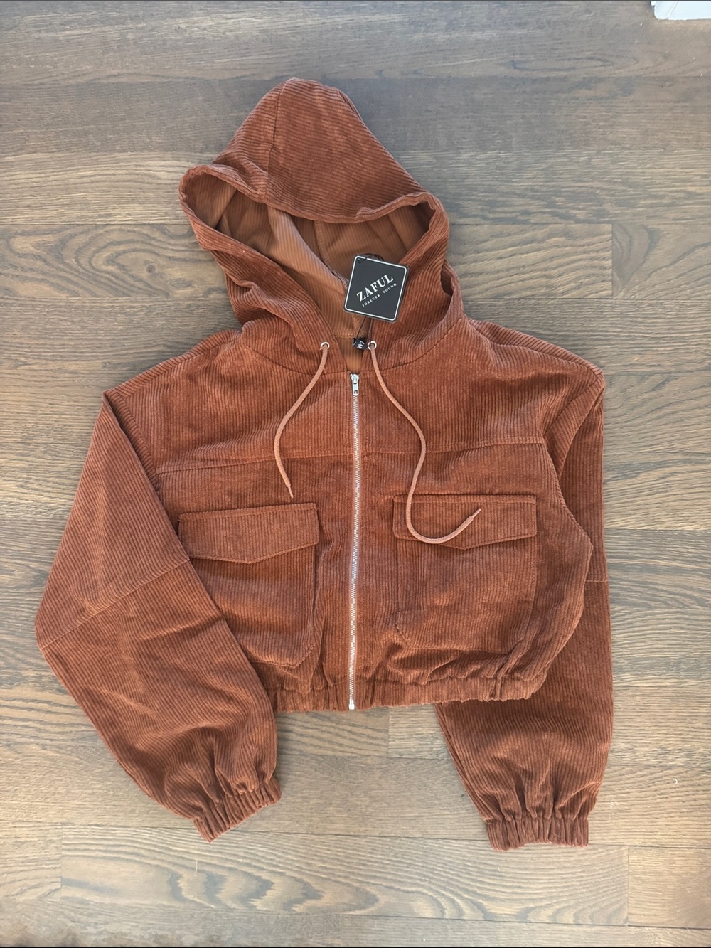 Zaful Rust Corduroy Cropped Hooded Jacket